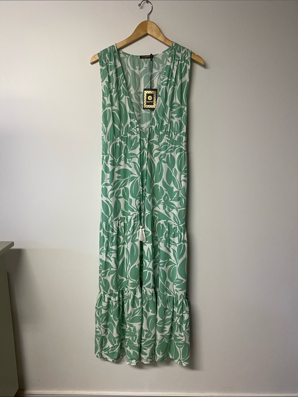 Spiaggia Dolce Sleeveless Green & White Leaf FloralPrint Maxi Dress NWT